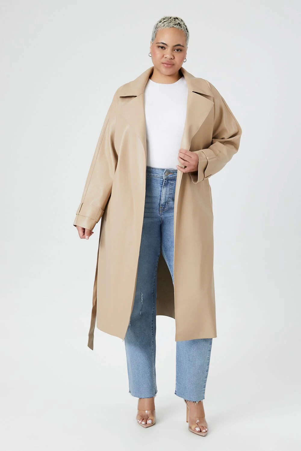 Plus Size Faux Leather Trench Coat - Image 4