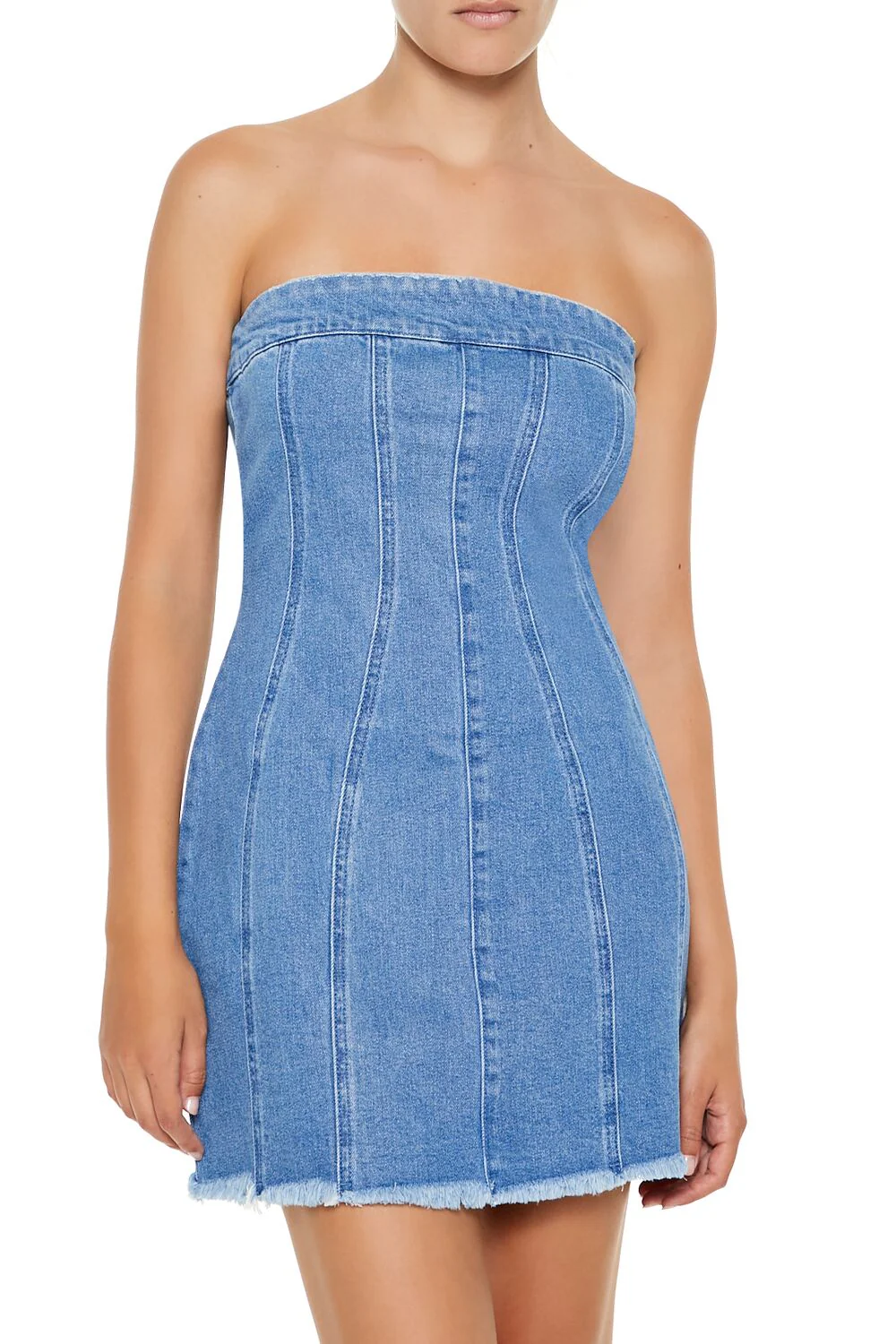 Frayed Denim Tube Mini Dress - Image 2