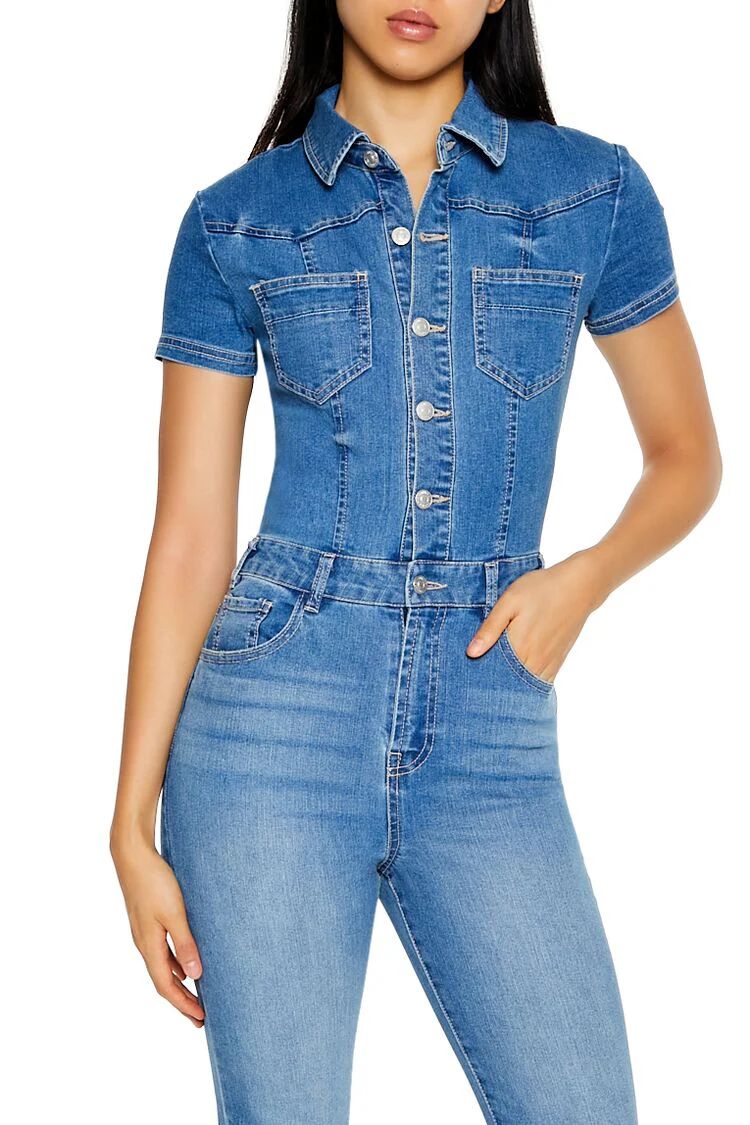 Flare Leg Denim Jumpsuit - Image 2