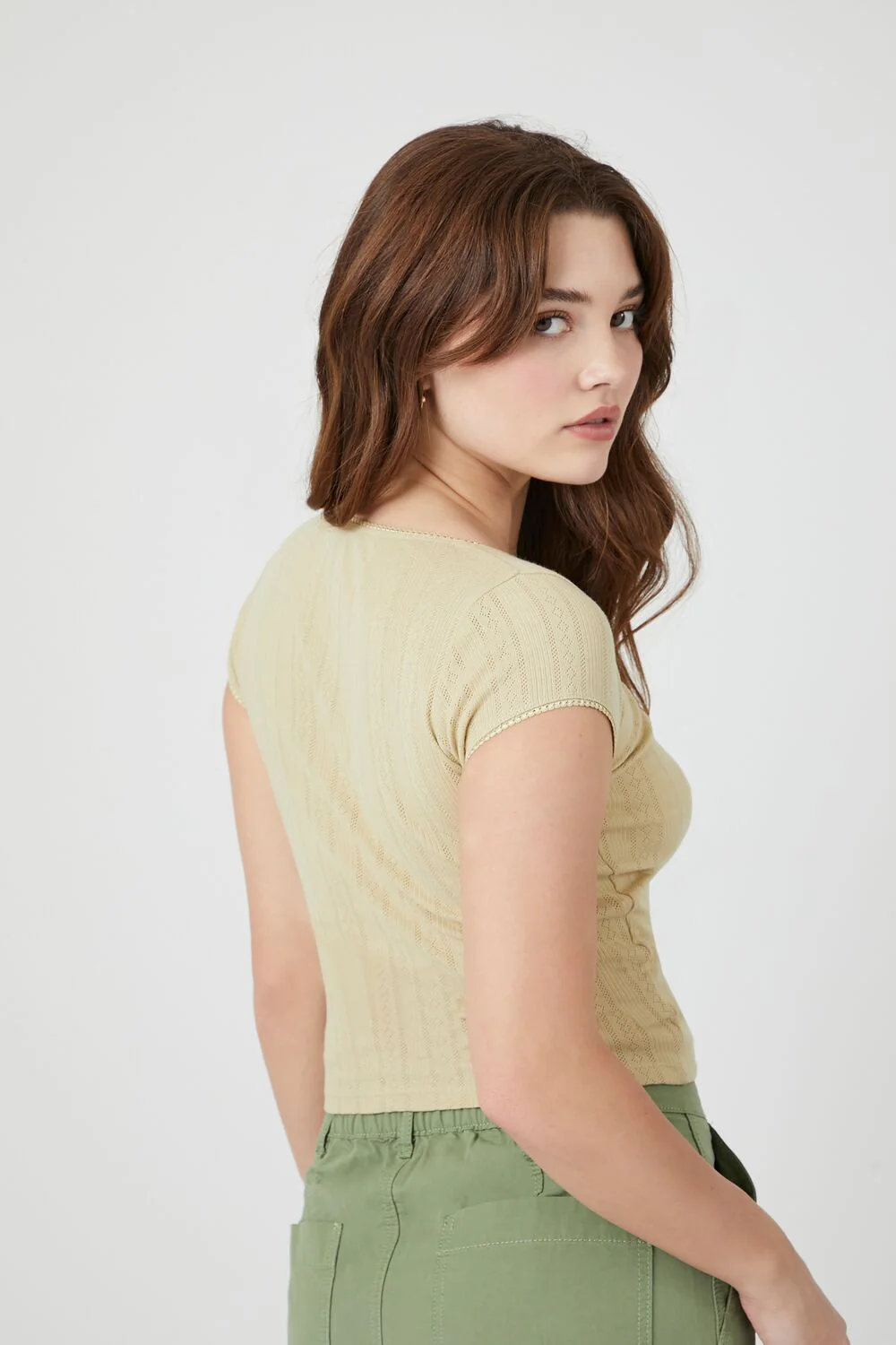 Cropped Pointelle Knit Tee - Image 8