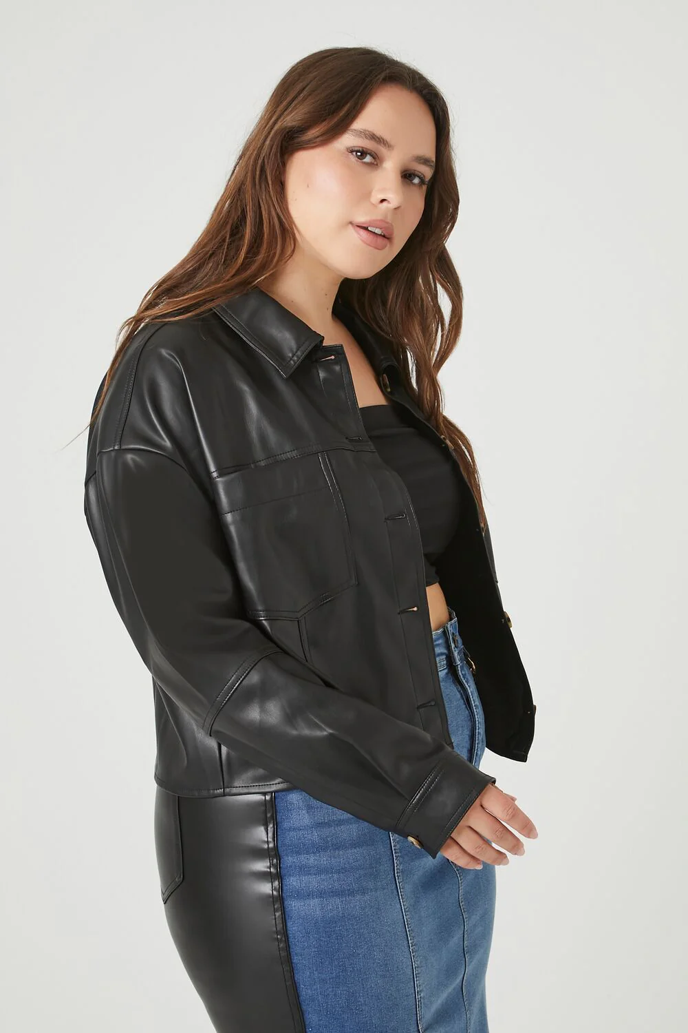 Plus Size Faux Leather Trucker Jacket - Image 2