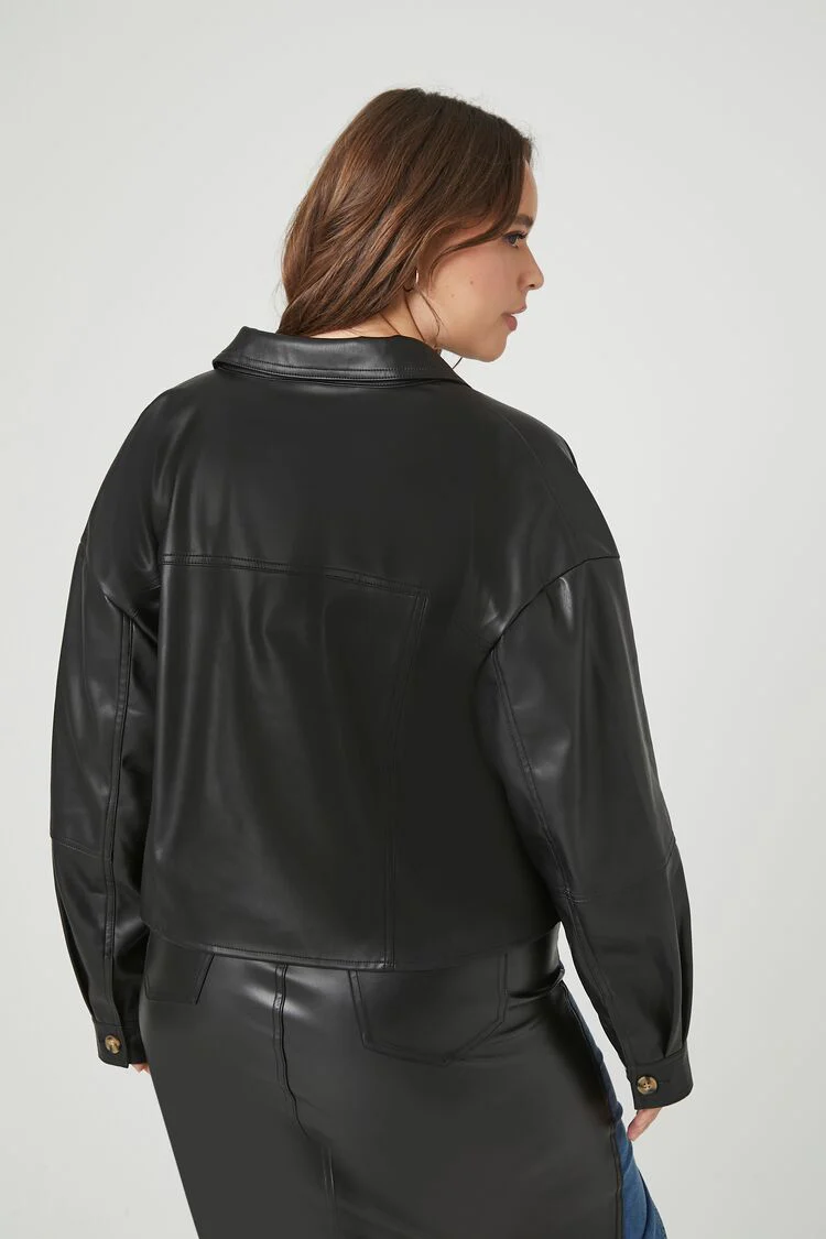 Plus Size Faux Leather Trucker Jacket - Image 3