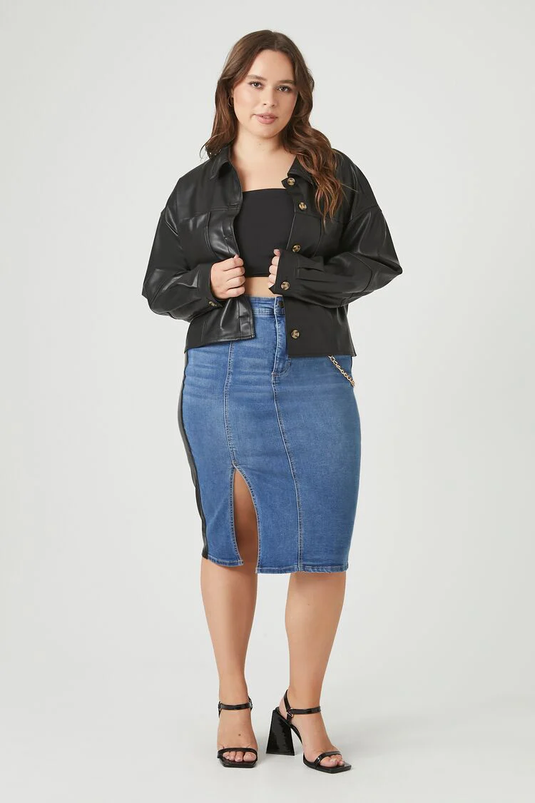 Plus Size Faux Leather Trucker Jacket - Image 4