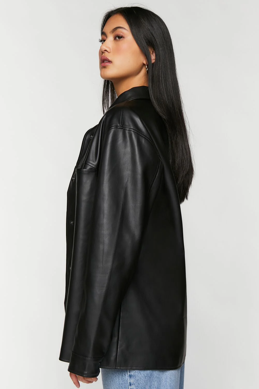Faux Leather Snap-Button Shacket - Image 2