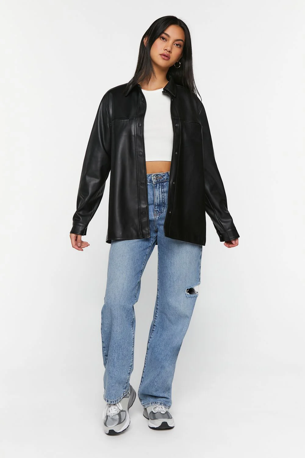 Faux Leather Snap-Button Shacket - Image 4