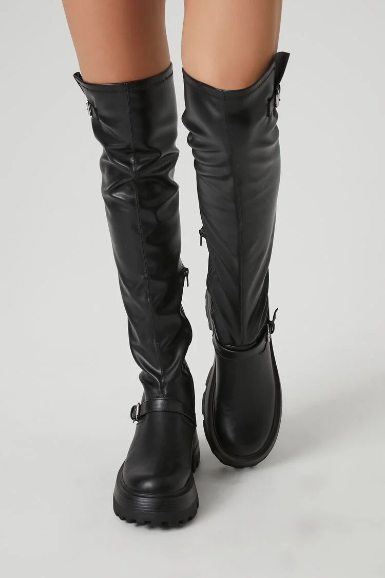 Buckled Faux Leather Knee-High Boots - Image 4
