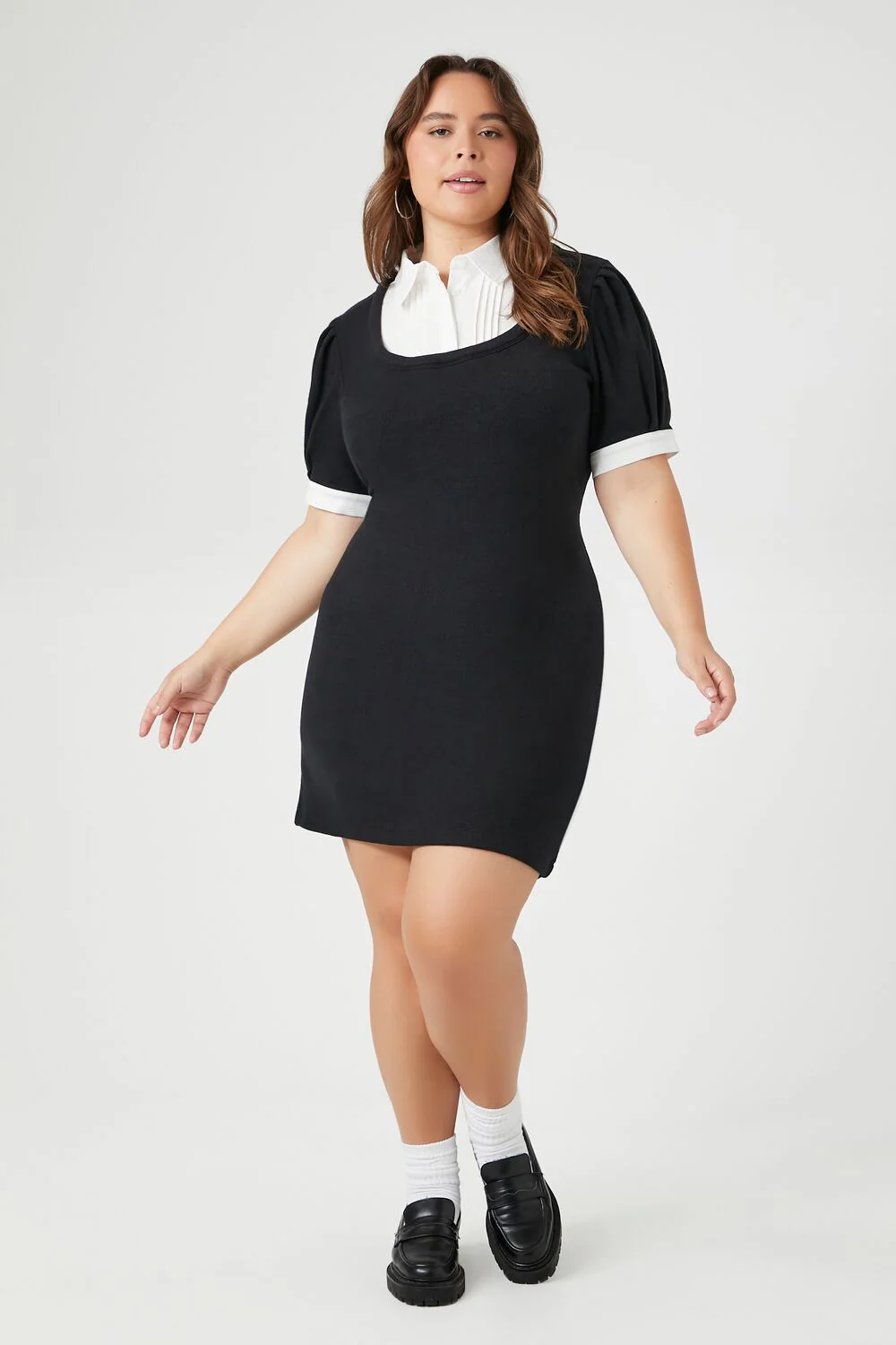 Plus Size Combo Sweater Shirt Mini Dress - Image 4