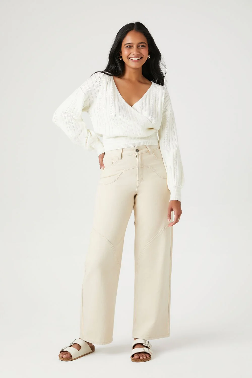 Ribbed Pointelle Knit Surplice Sweater - Image 4