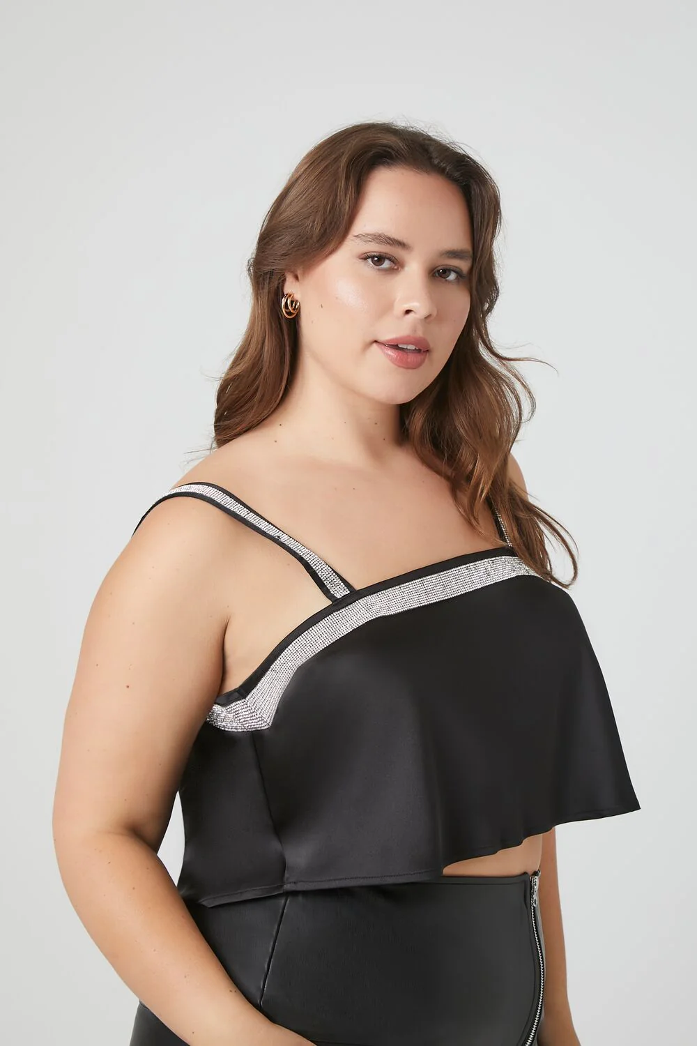 Plus Size Satin Rhinestone-Trim Crop Top - Image 2