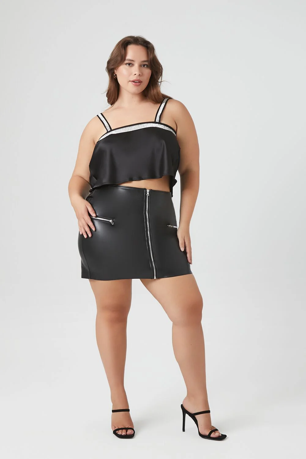 Plus Size Satin Rhinestone-Trim Crop Top - Image 4