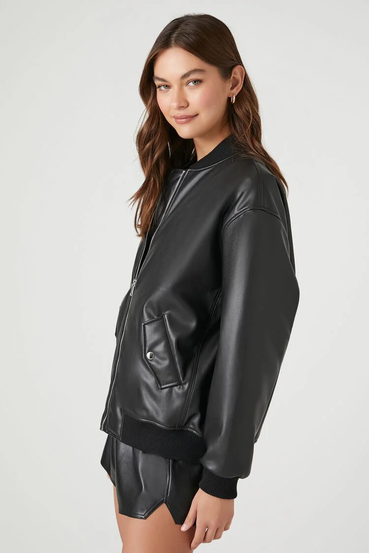 Faux Leather Bomber Jacket - Image 2