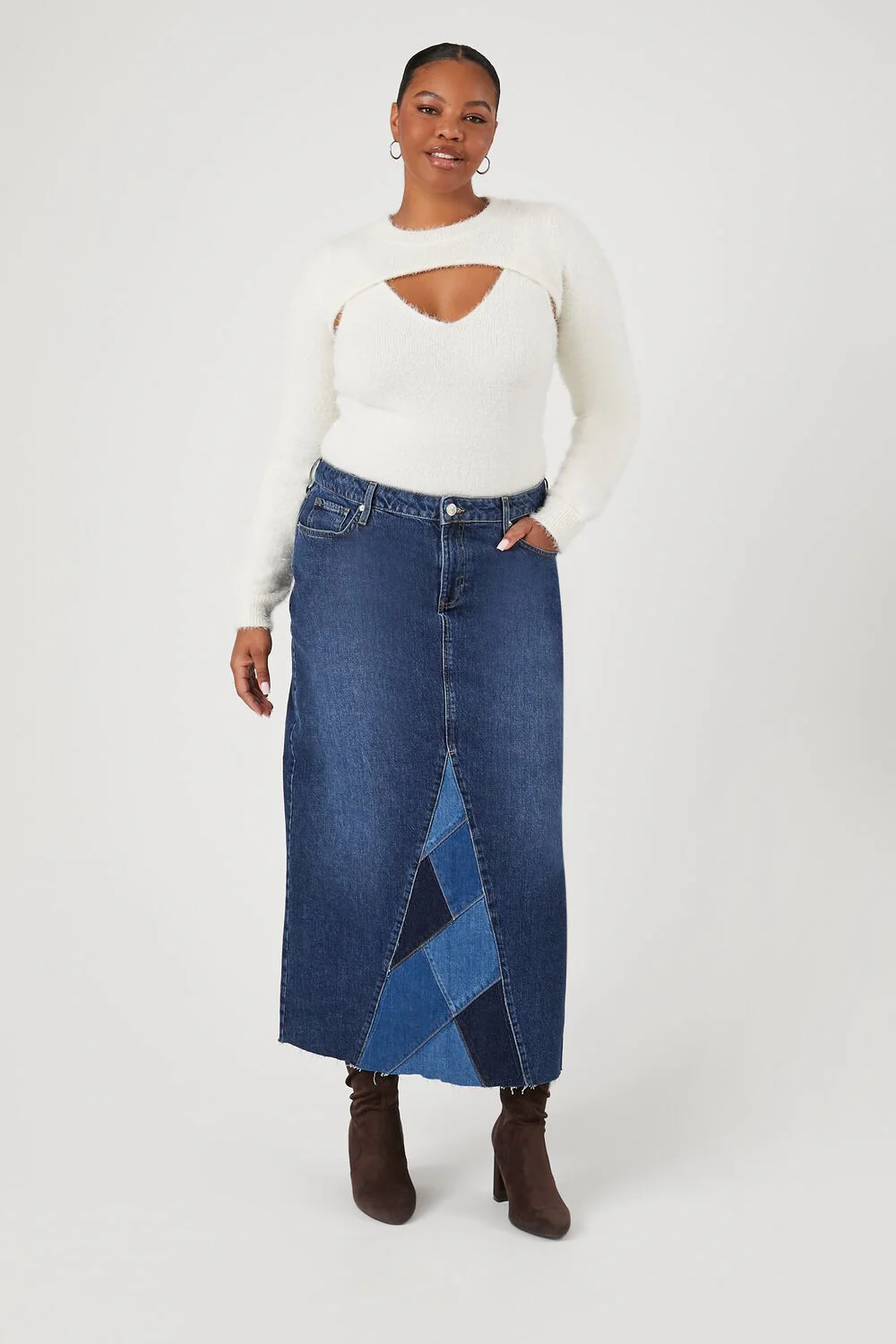 Plus Size Patchwork Denim Maxi Skirt - Image 5