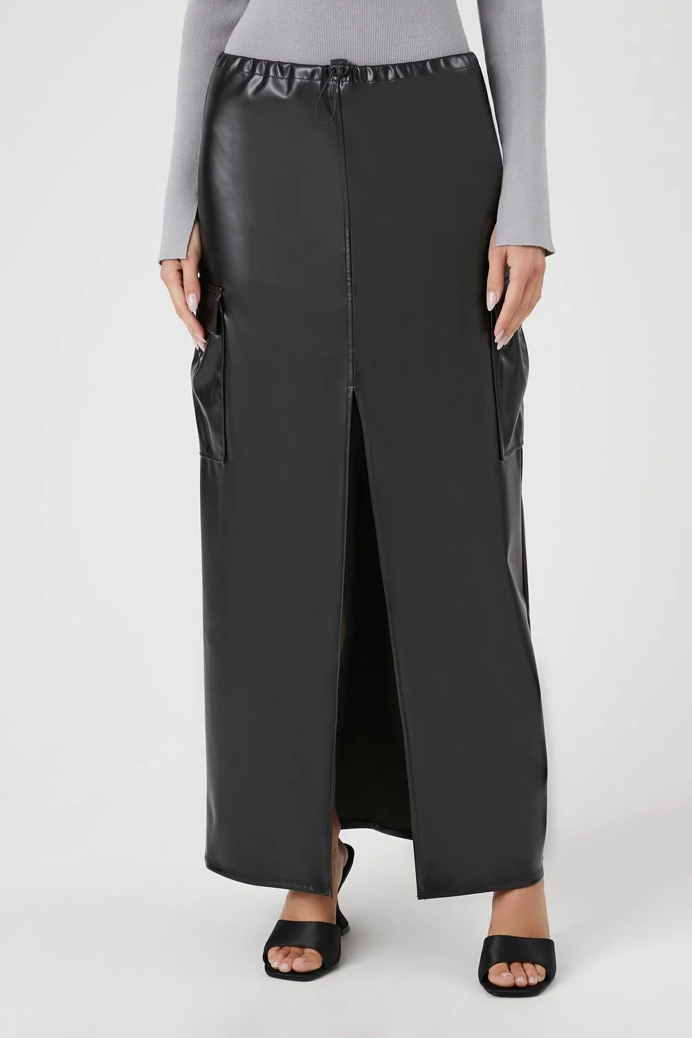 Faux Leather Toggle Drawstring Midi Skirt - Image 2