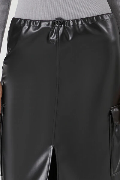 Faux Leather Toggle Drawstring Midi Skirt - Image 5