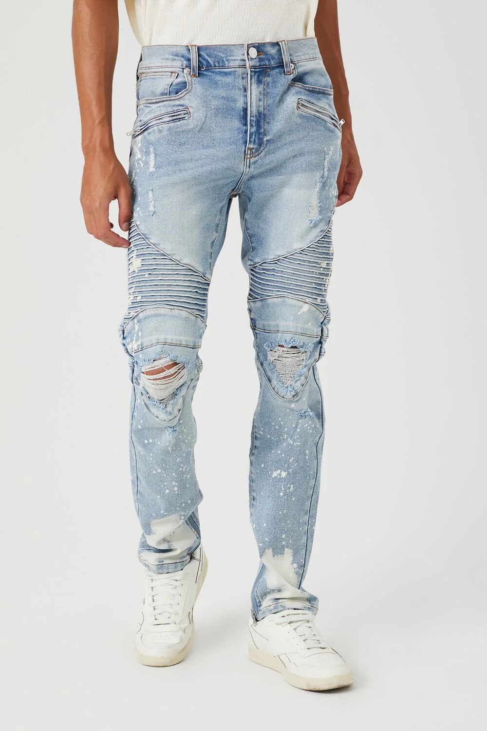 Distressed Bleach-Dye Moto Jeans - Image 2