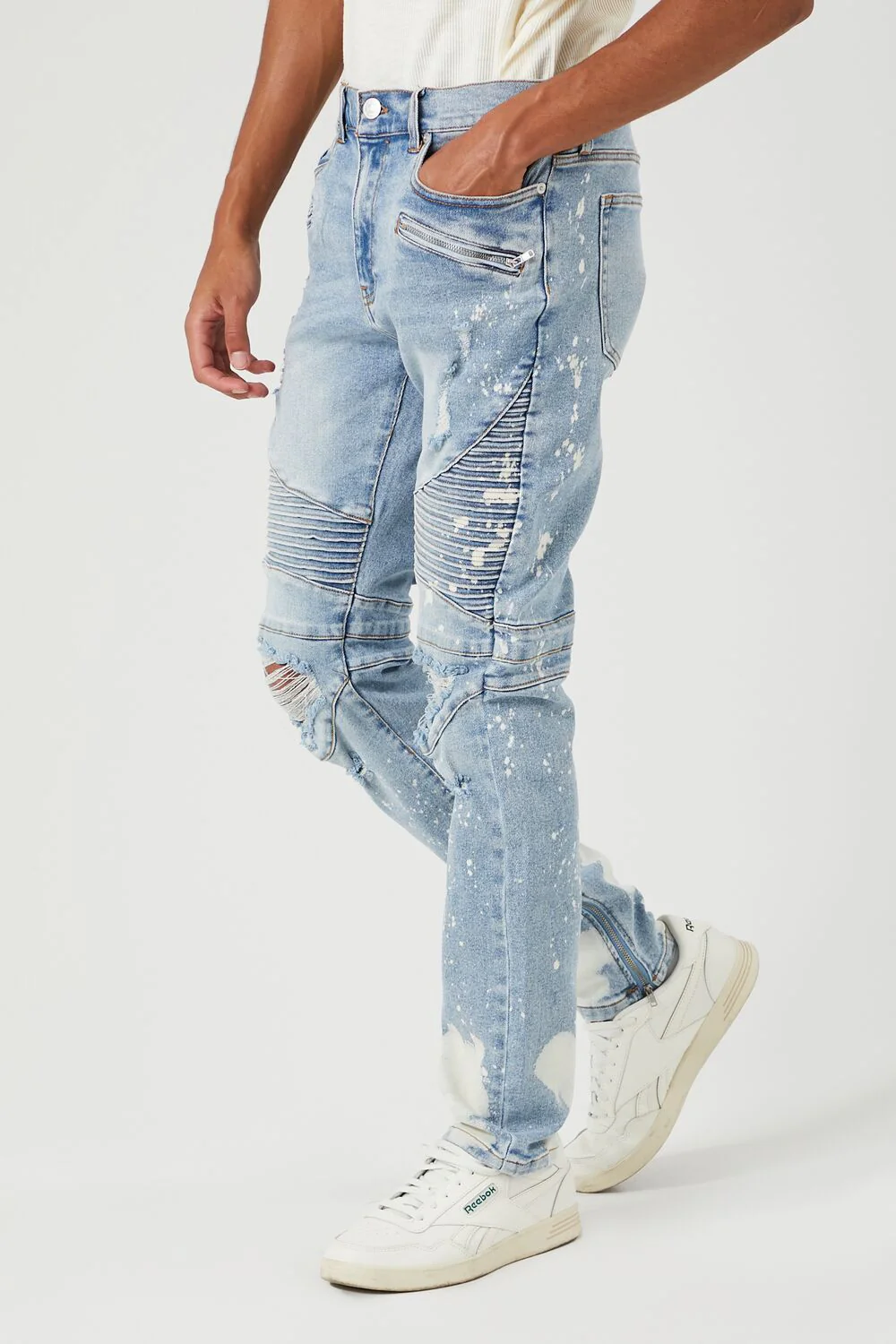 Distressed Bleach-Dye Moto Jeans - Image 3