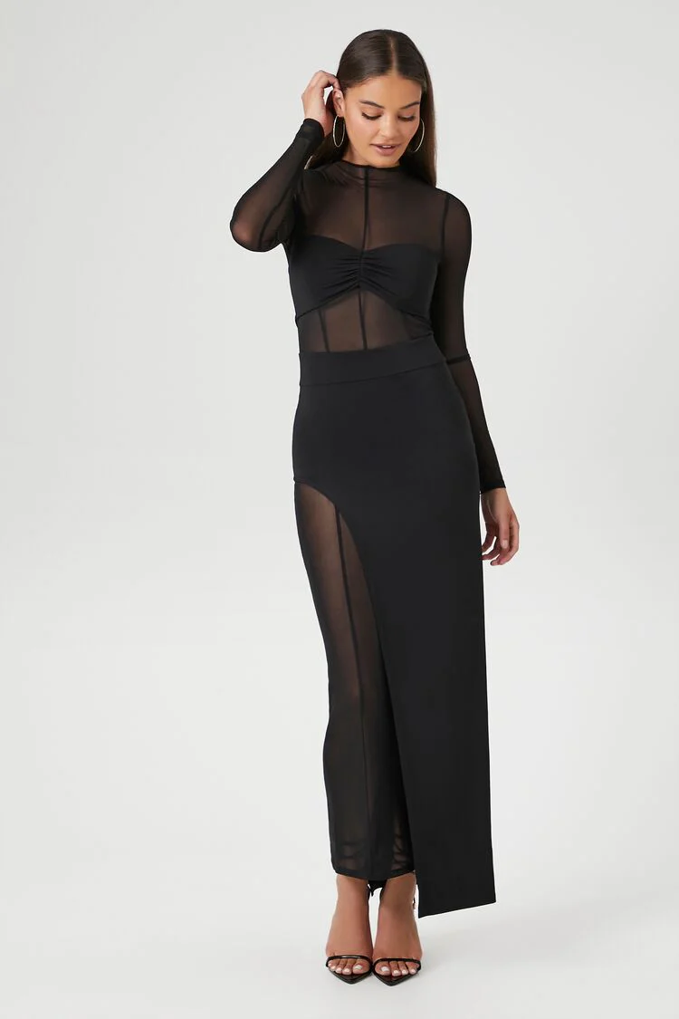 Sheer Mesh Asymmetrical Maxi Dress - Image 4