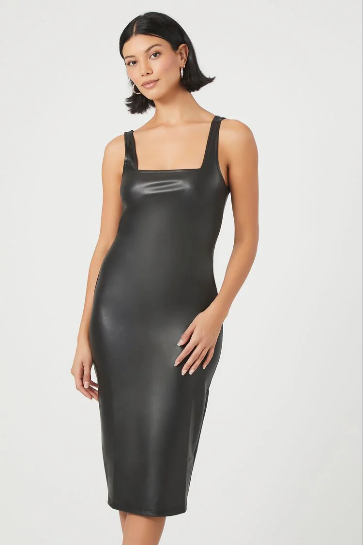 Faux Leather Slit Midi Dress - Image 2