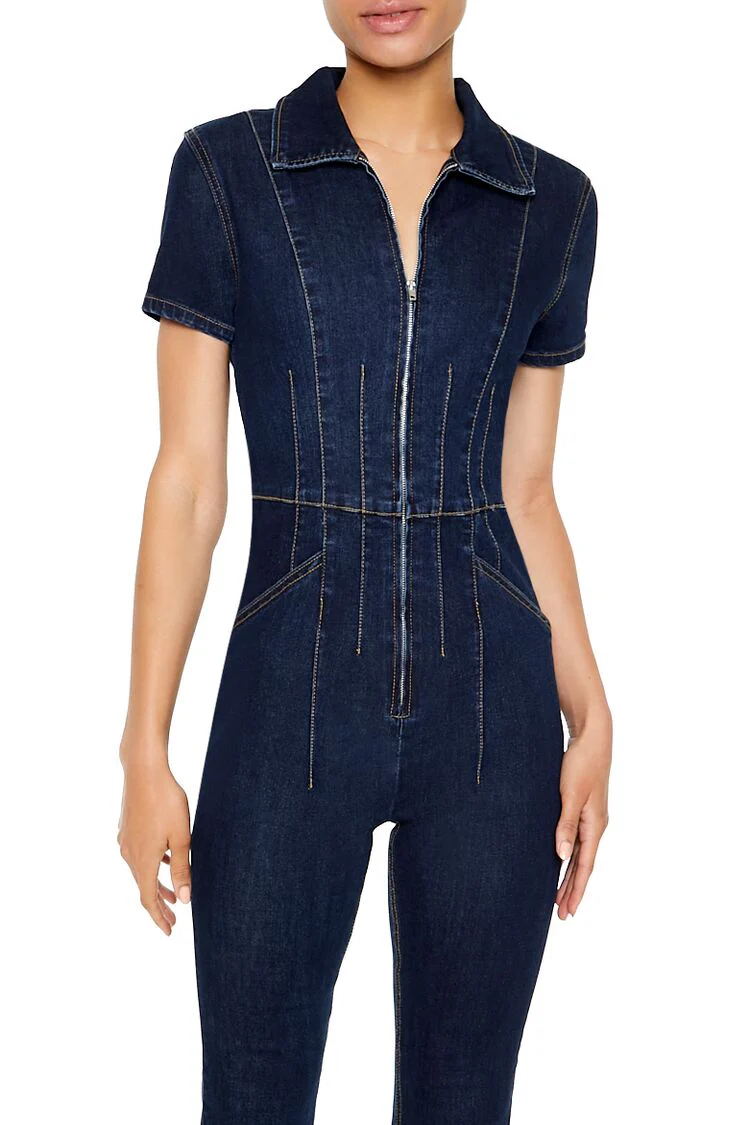 Zip-Up Denim Short-Sleeve Jumpsuit - Image 2