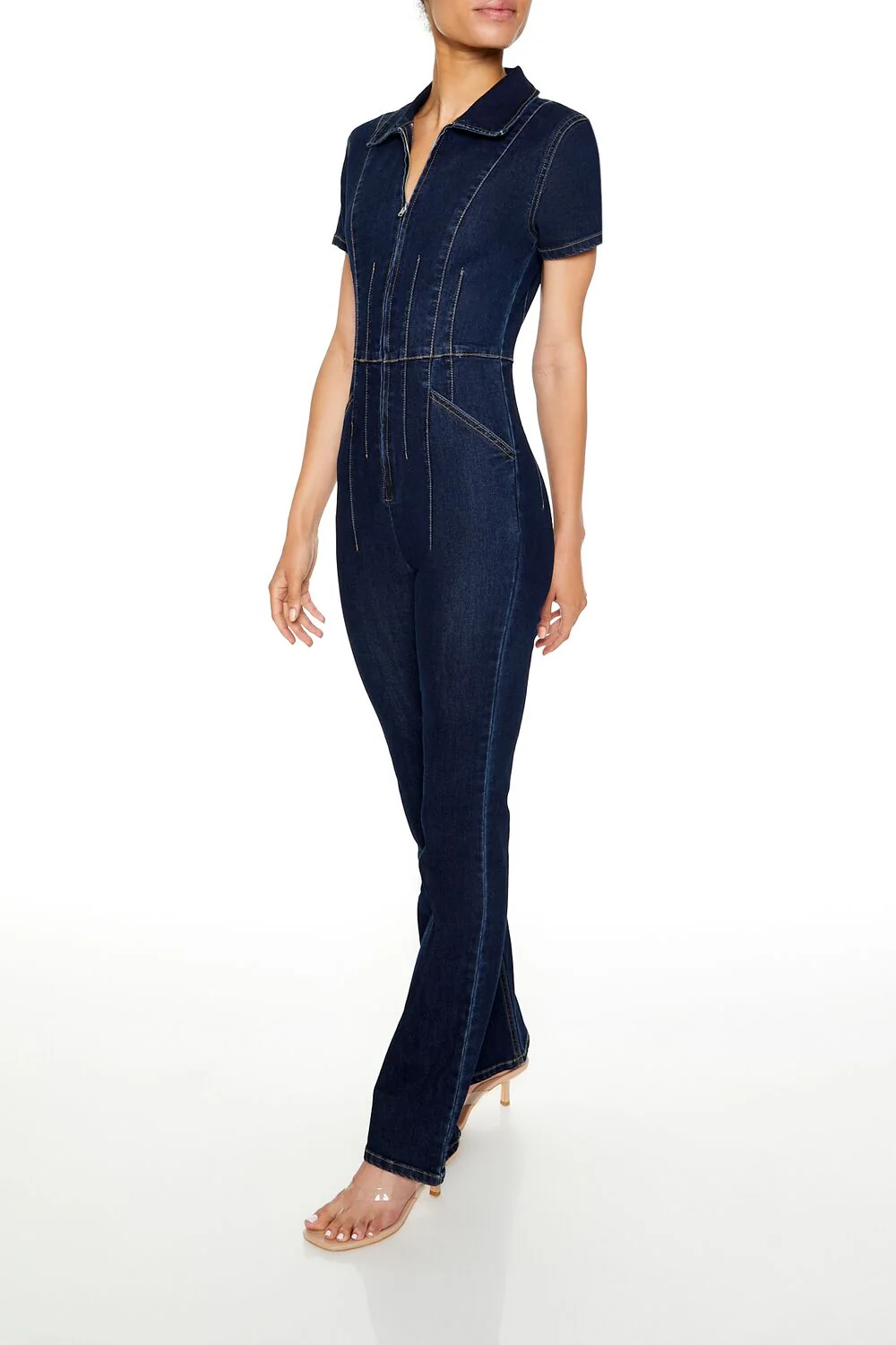 Zip-Up Denim Short-Sleeve Jumpsuit - Image 3
