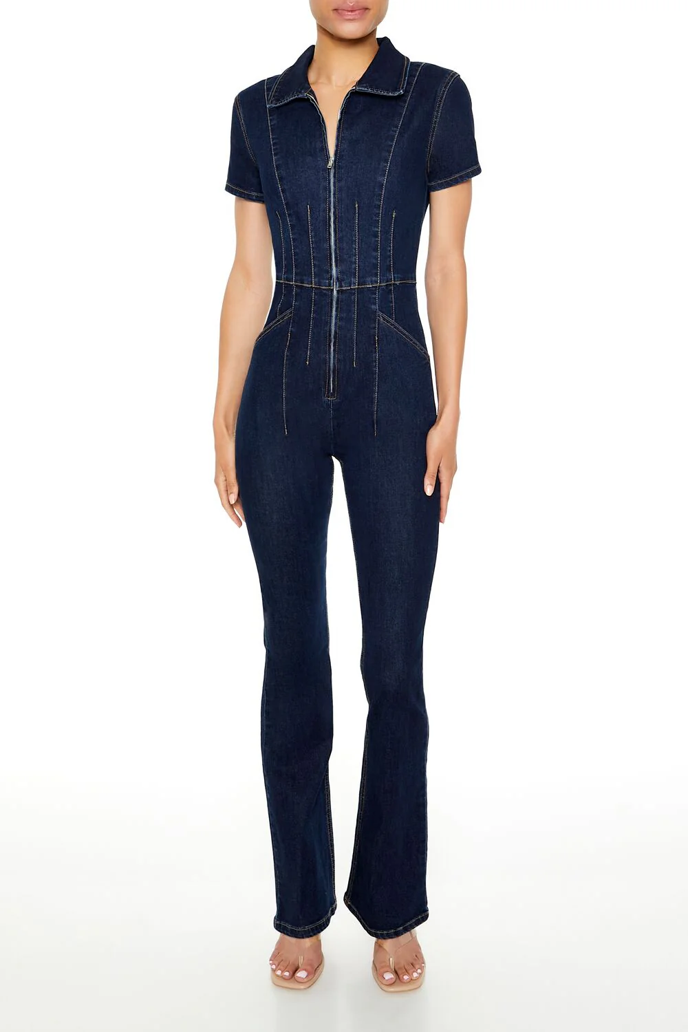 Zip-Up Denim Short-Sleeve Jumpsuit - Image 6