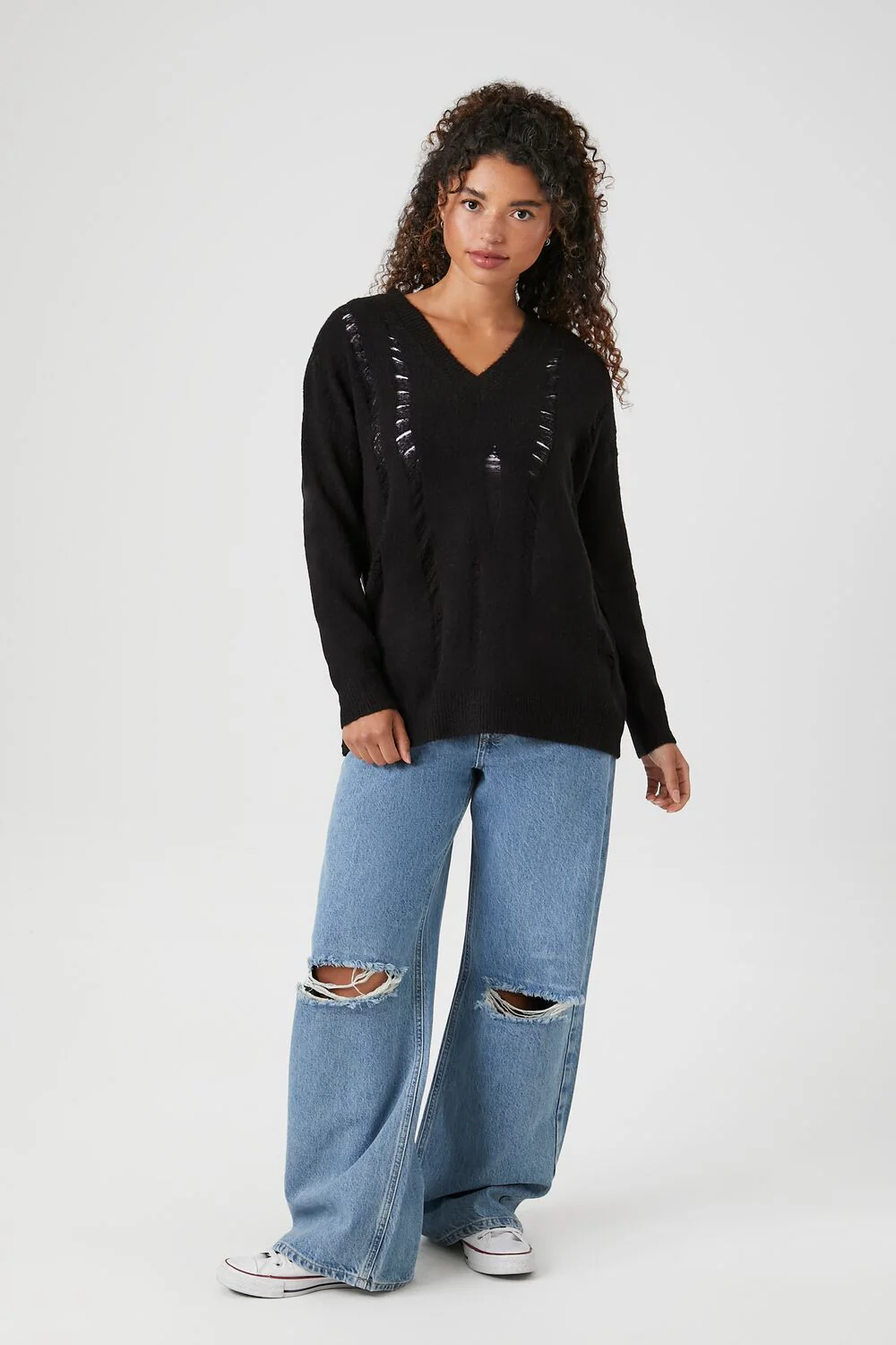Open-Knit V-Neck Sweater - Image 4