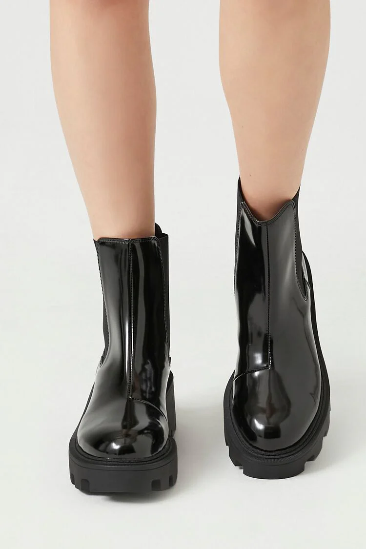 Faux Patent Leather Lug-Sole Booties - Image 4