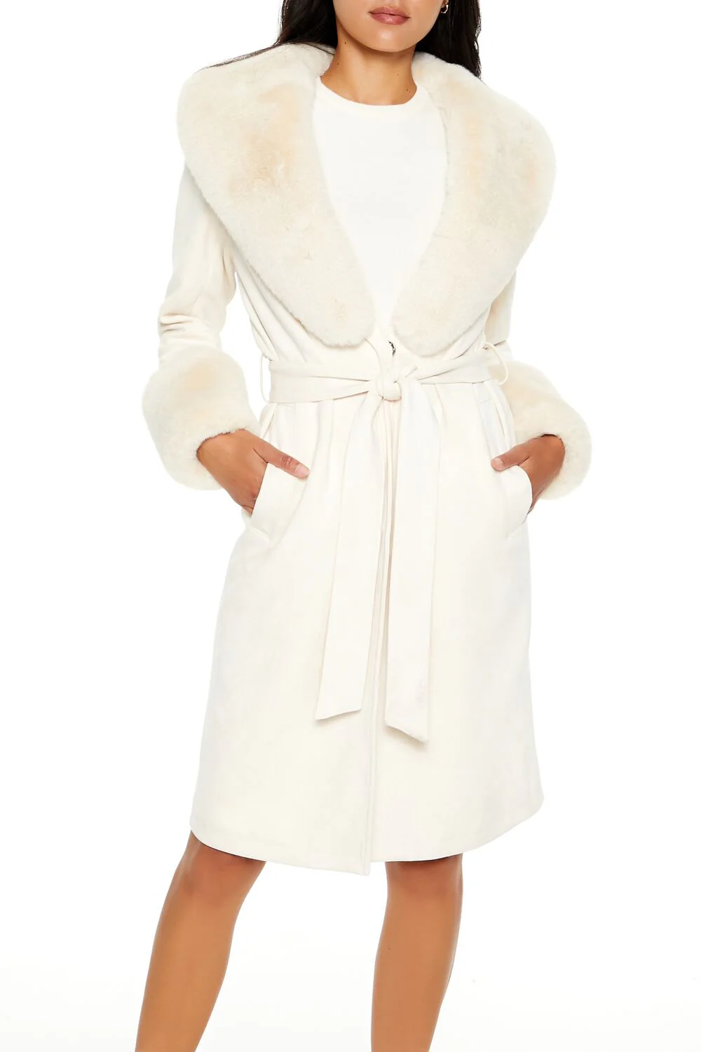 Faux Fur-Trim Faux Suede Trench Coat - Image 2