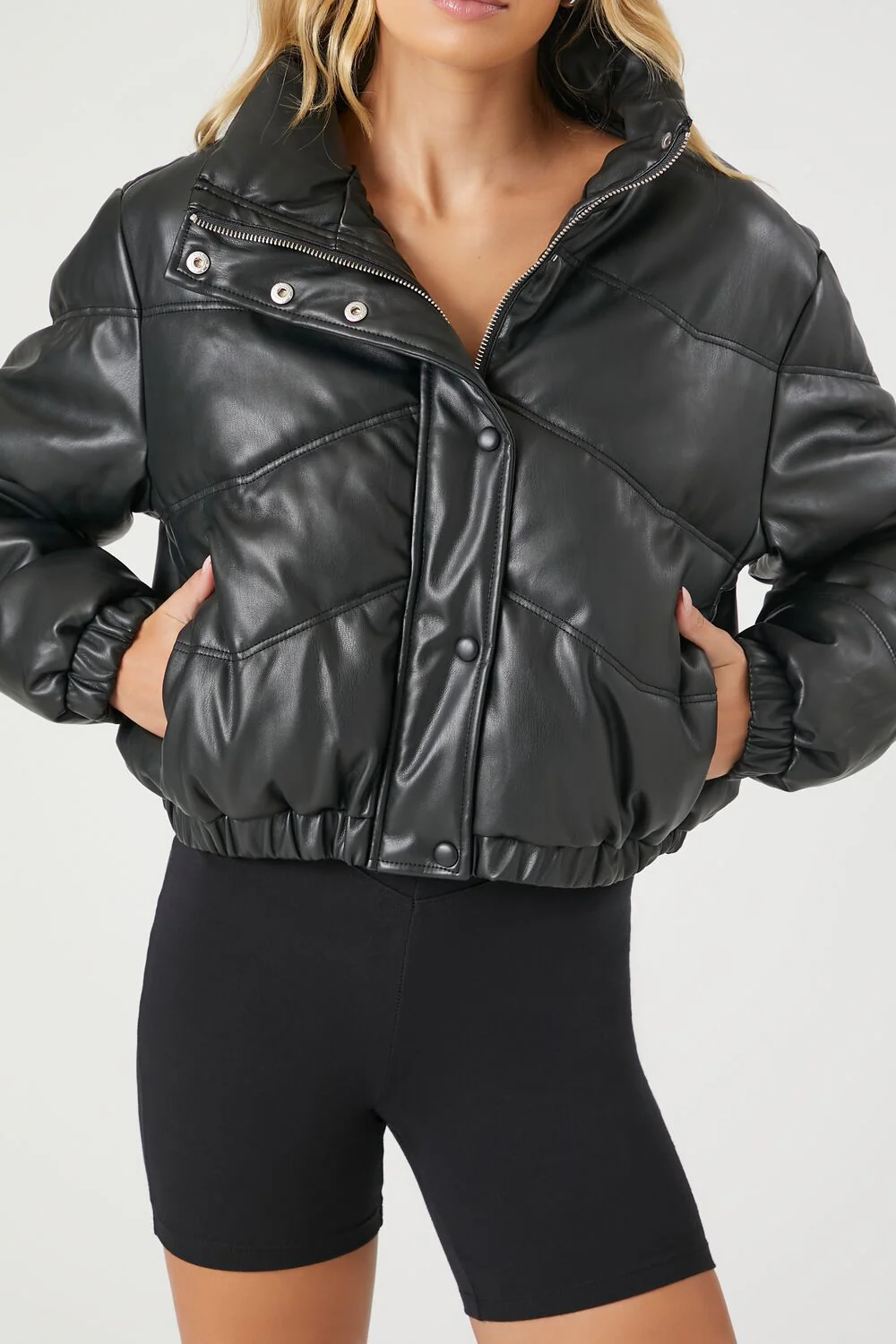 Cropped Faux Leather Puffer Jacket - Image 10
