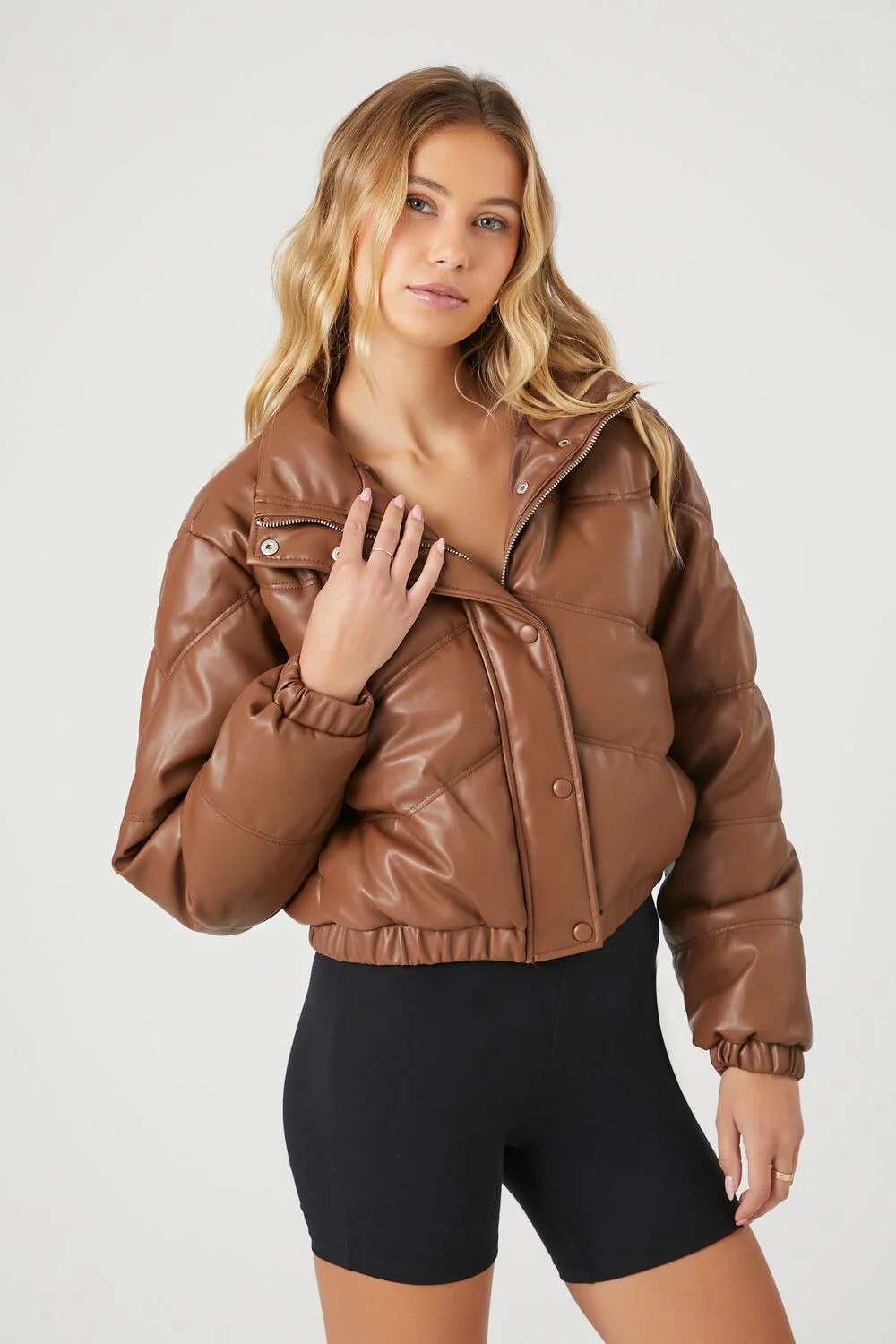 Cropped Faux Leather Puffer Jacket - Image 2