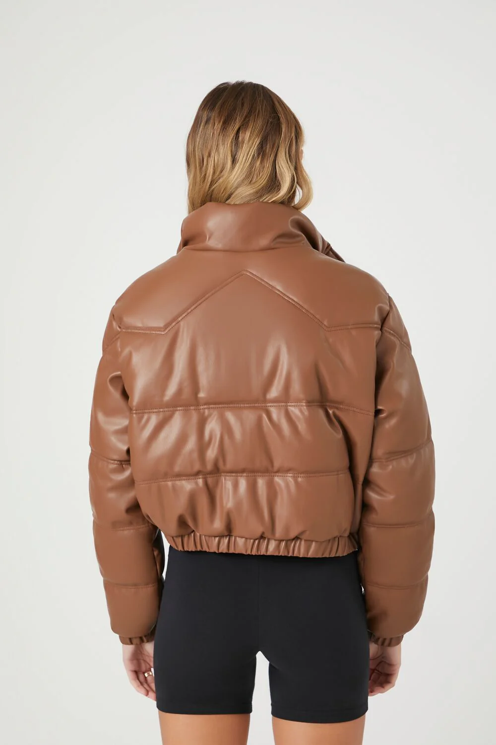 Cropped Faux Leather Puffer Jacket - Image 3