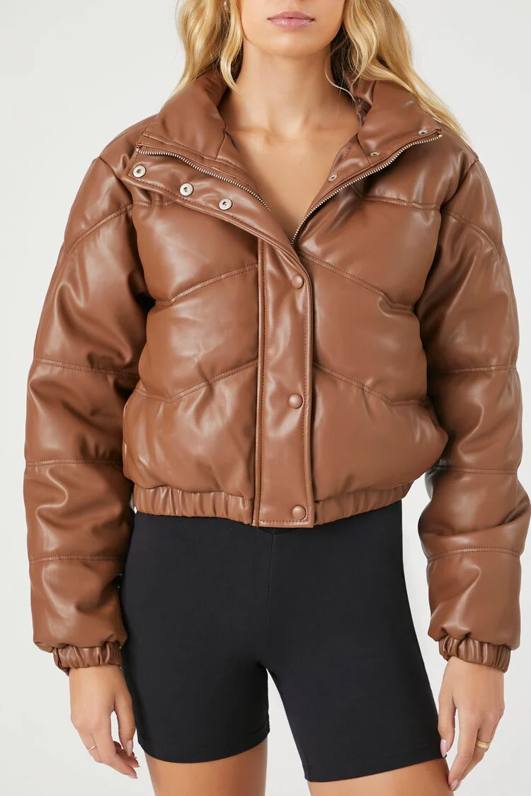 Cropped Faux Leather Puffer Jacket - Image 5