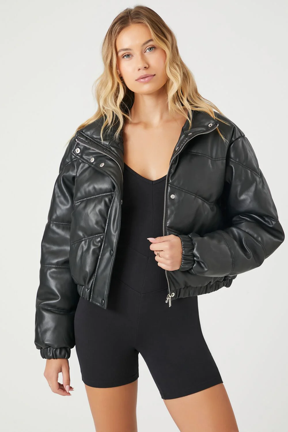 Cropped Faux Leather Puffer Jacket - Image 6