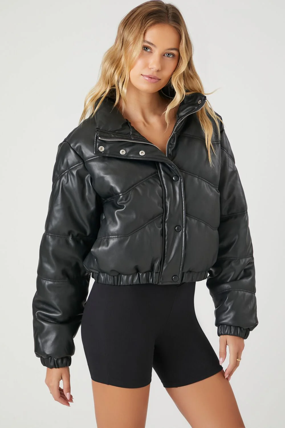 Cropped Faux Leather Puffer Jacket - Image 7