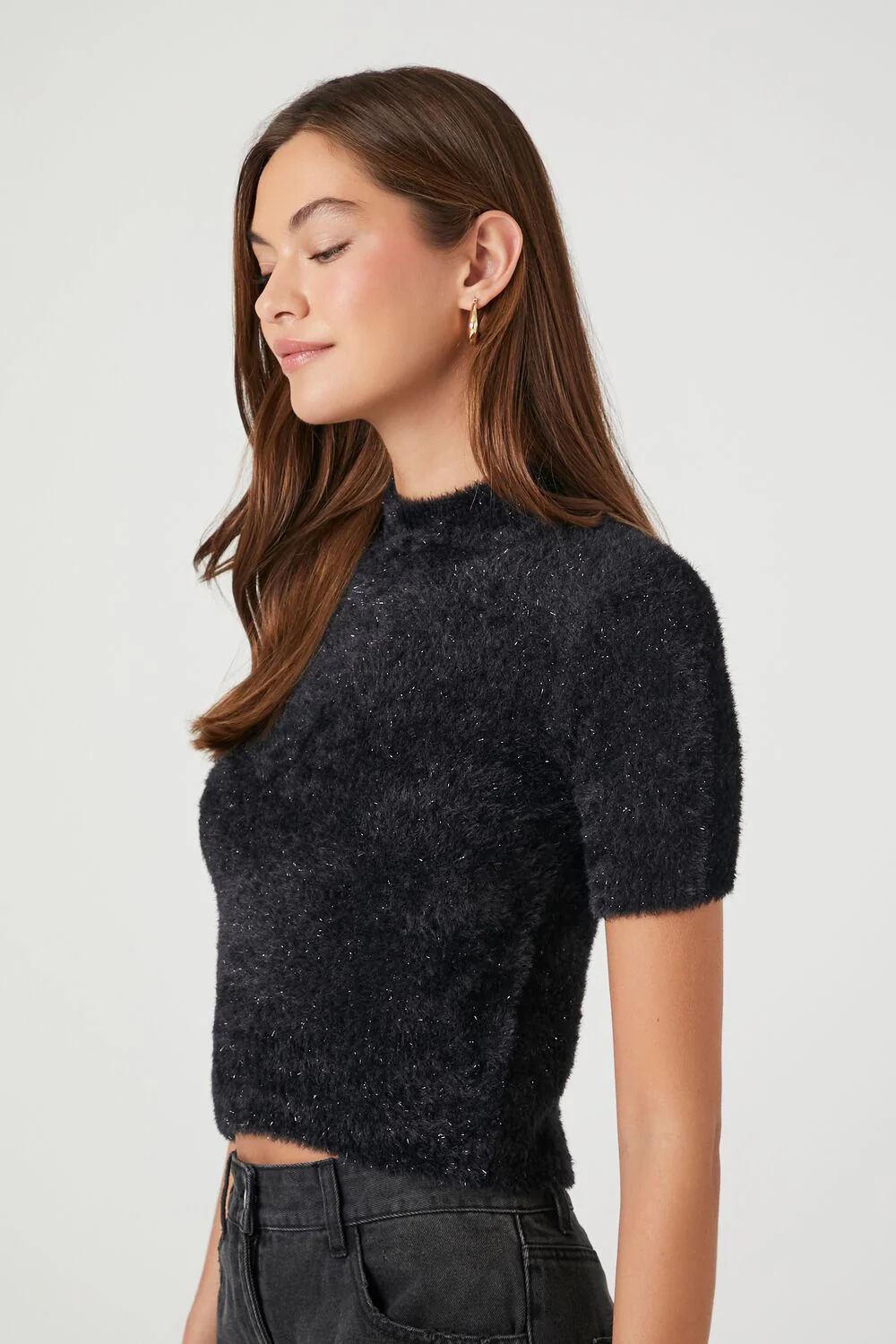 Fuzzy Mock Neck Cropped Tee - Image 2