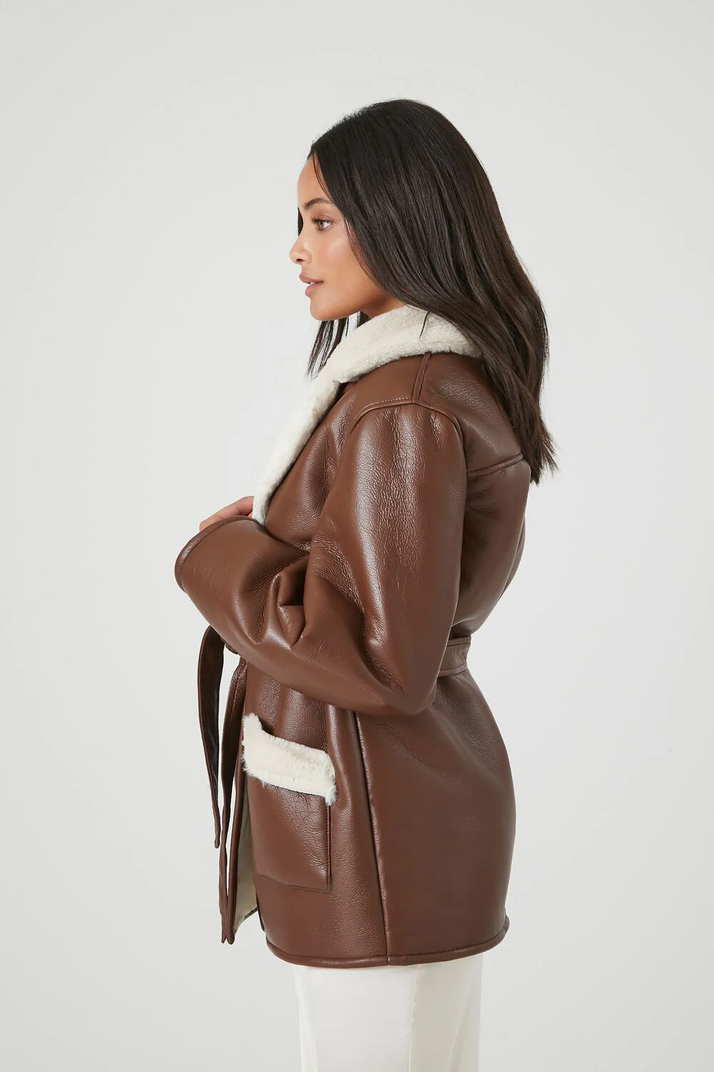 Faux Leather Notched Belted Coat - Image 2