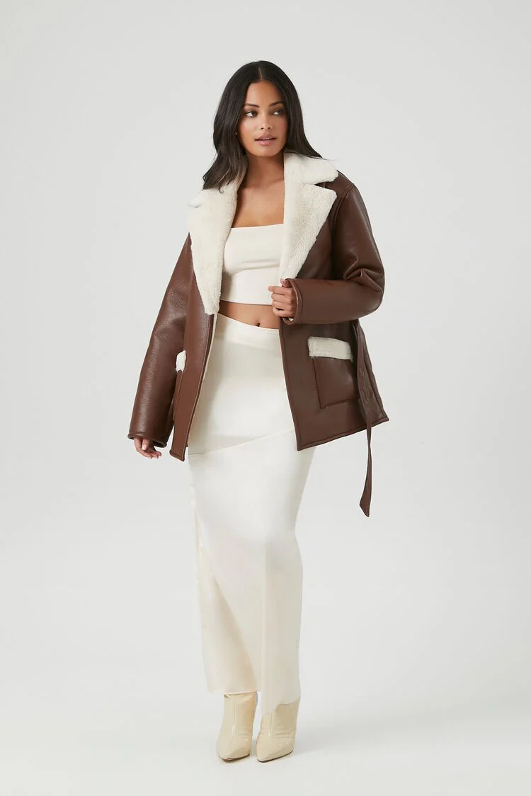 Faux Leather Notched Belted Coat - Image 4