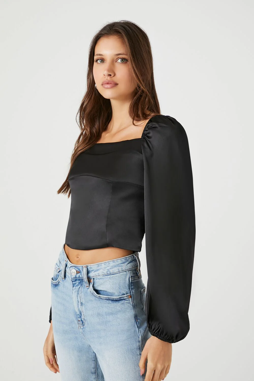 Satin Peasant-Sleeve Crop Top - Image 2