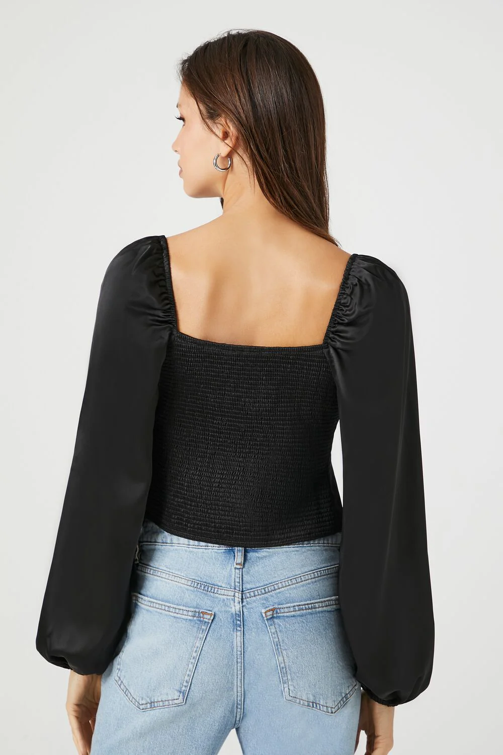 Satin Peasant-Sleeve Crop Top - Image 3