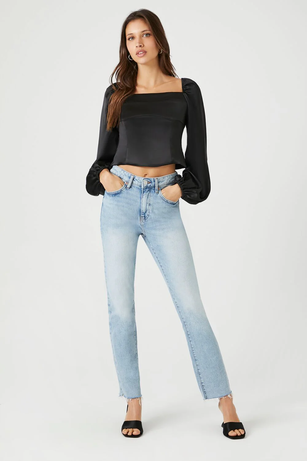 Satin Peasant-Sleeve Crop Top - Image 4