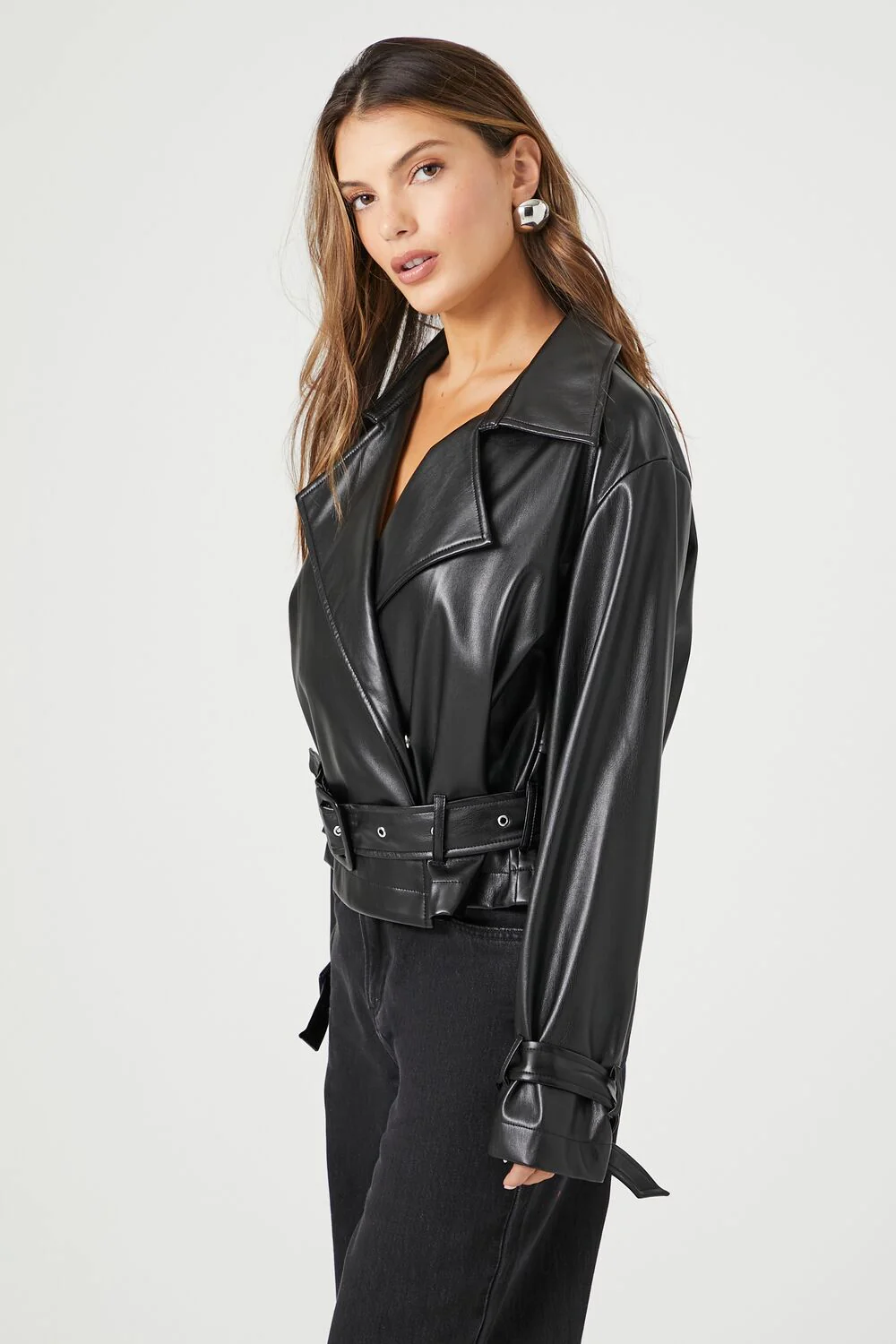 Faux Leather Belted Moto Jacket - Image 2