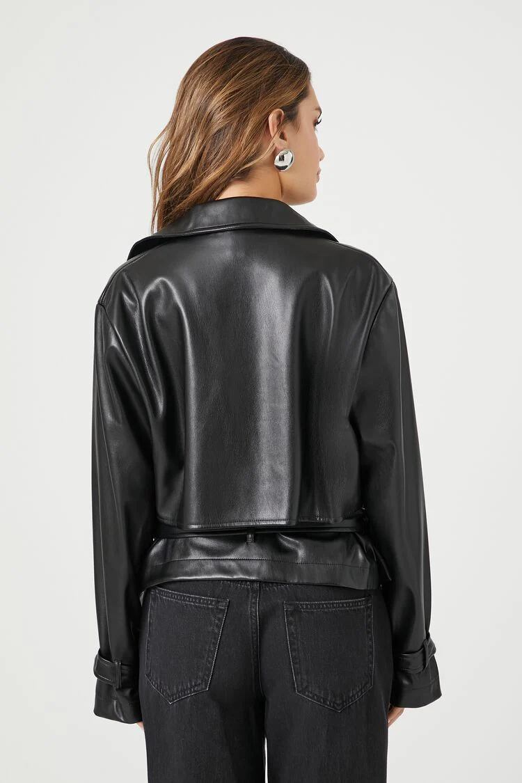 Faux Leather Belted Moto Jacket - Image 3