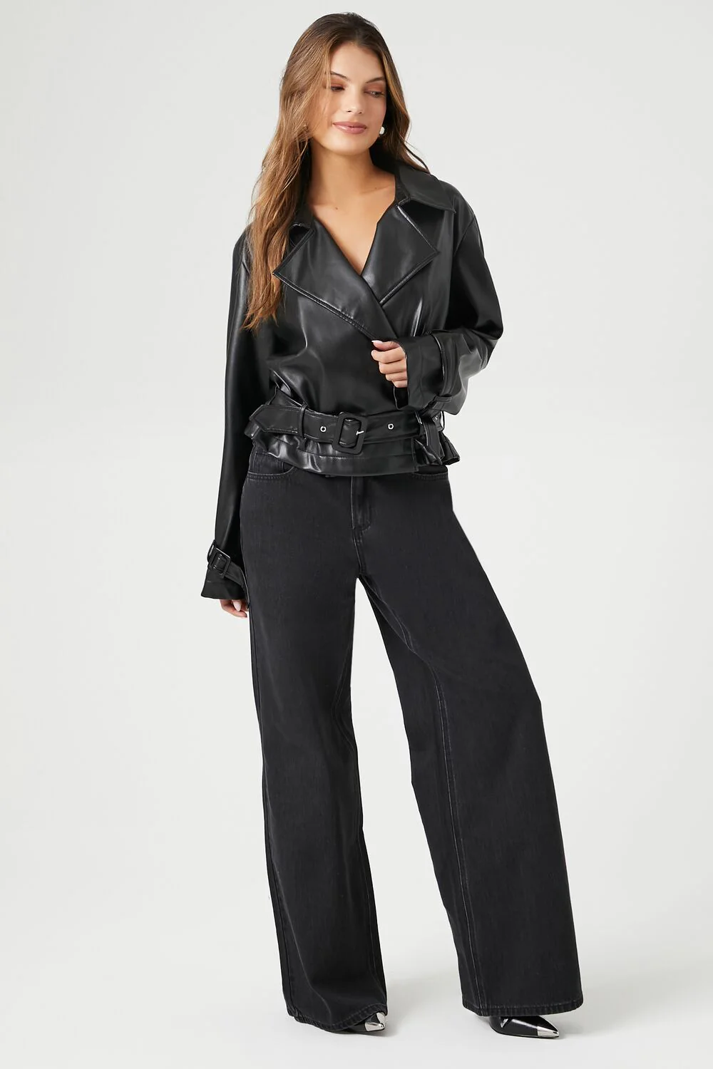 Faux Leather Belted Moto Jacket - Image 4