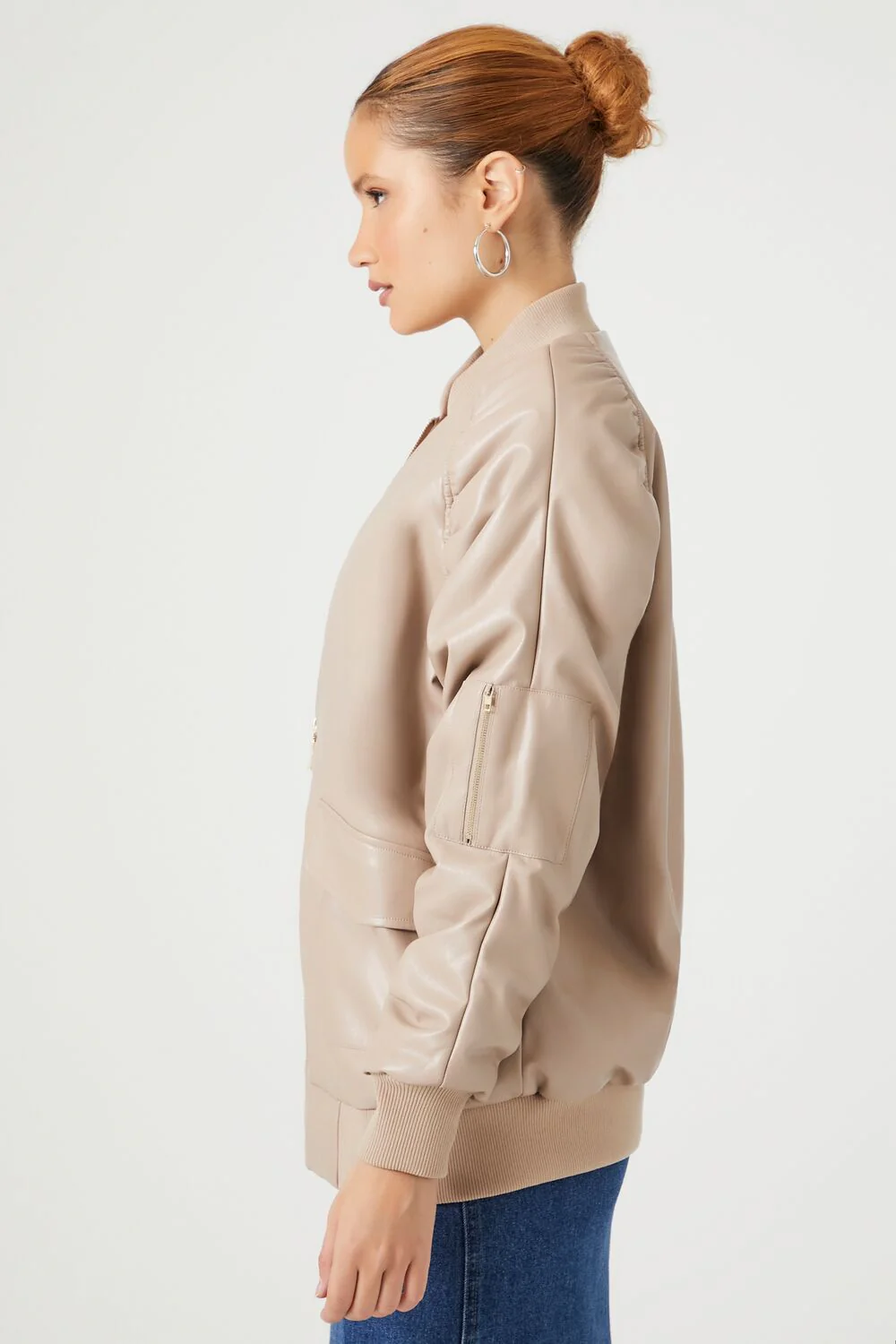 Faux Leather Ruched Bomber Jacket - Image 2