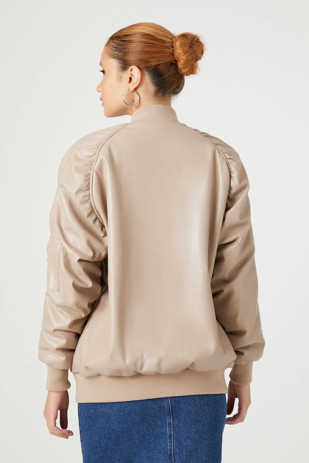 Faux Leather Ruched Bomber Jacket - Image 3