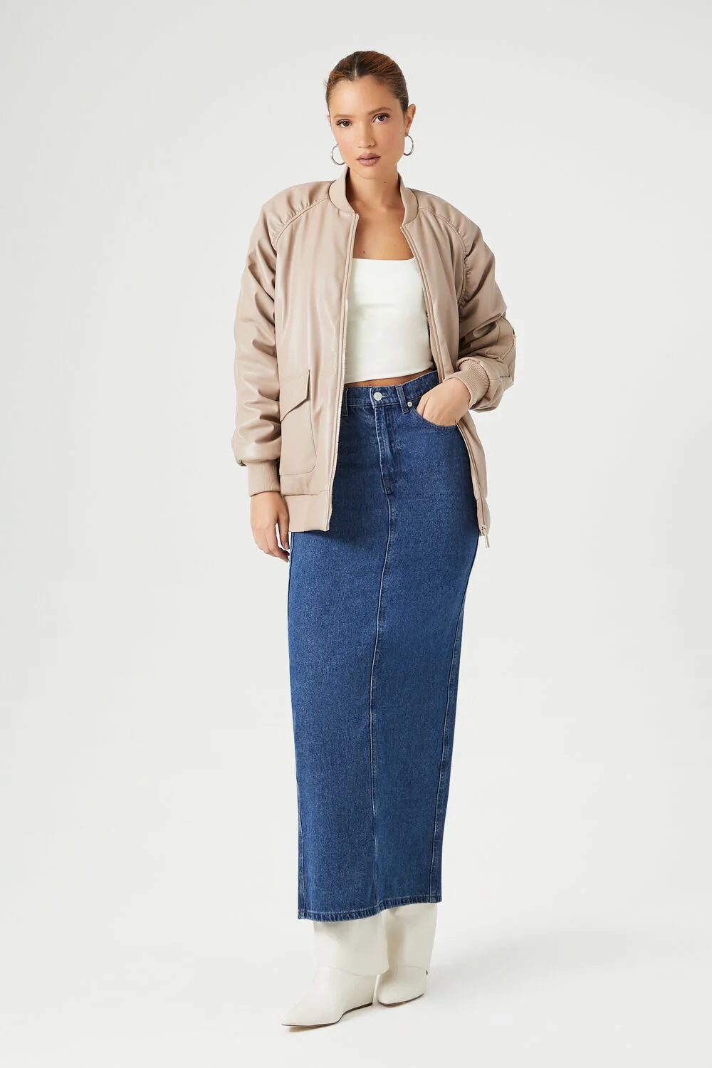 Faux Leather Ruched Bomber Jacket - Image 4