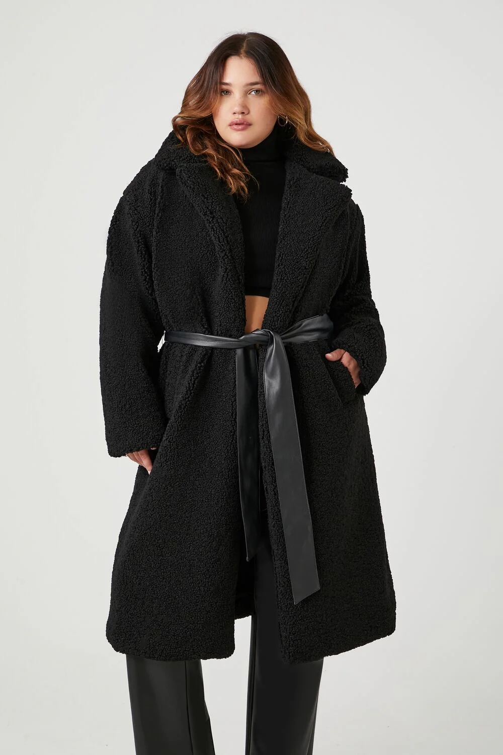 Plus Size Faux Shearling Belted Teddy Coat - Image 2