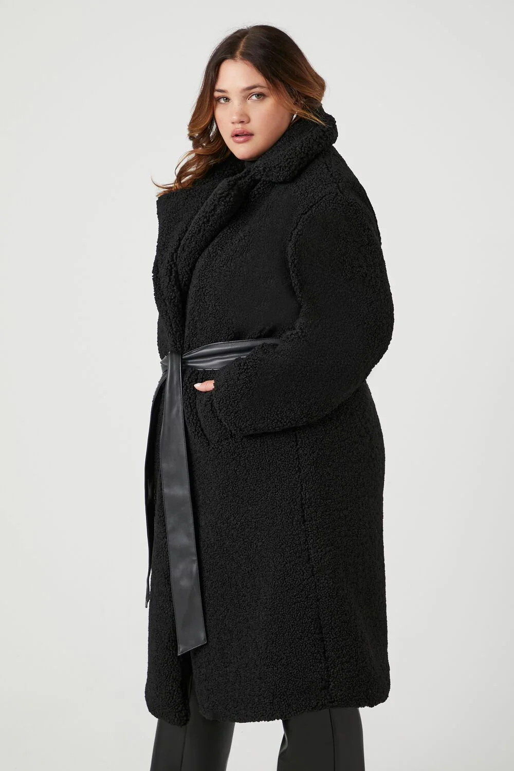 Plus Size Faux Shearling Belted Teddy Coat - Image 3