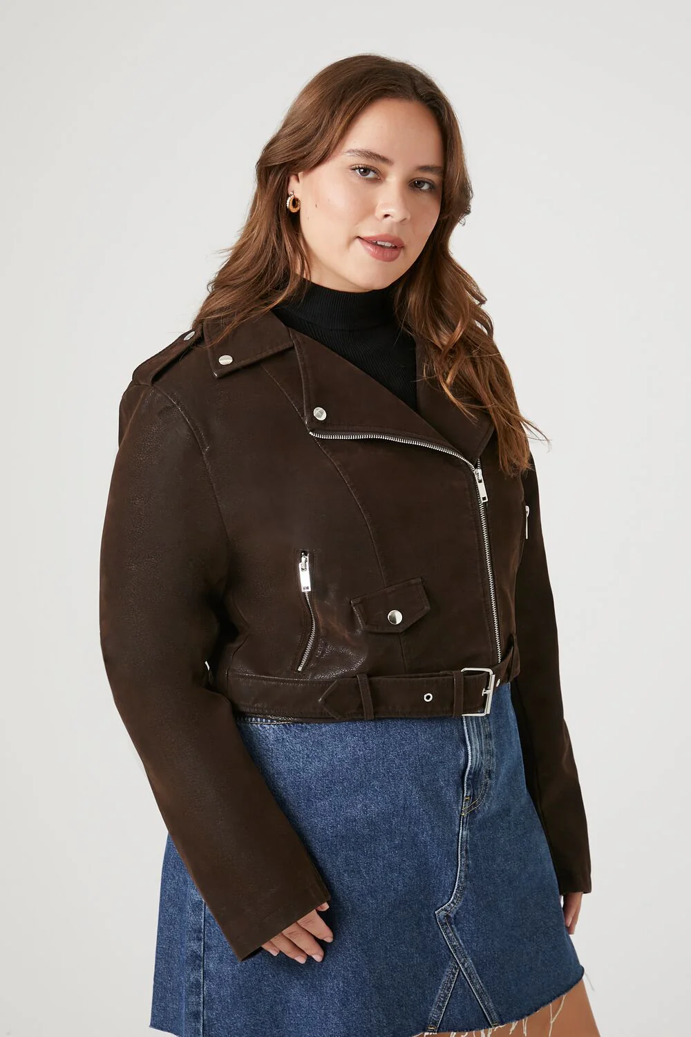 Plus Size Faux Leather Cropped Moto Jacket - Image 2