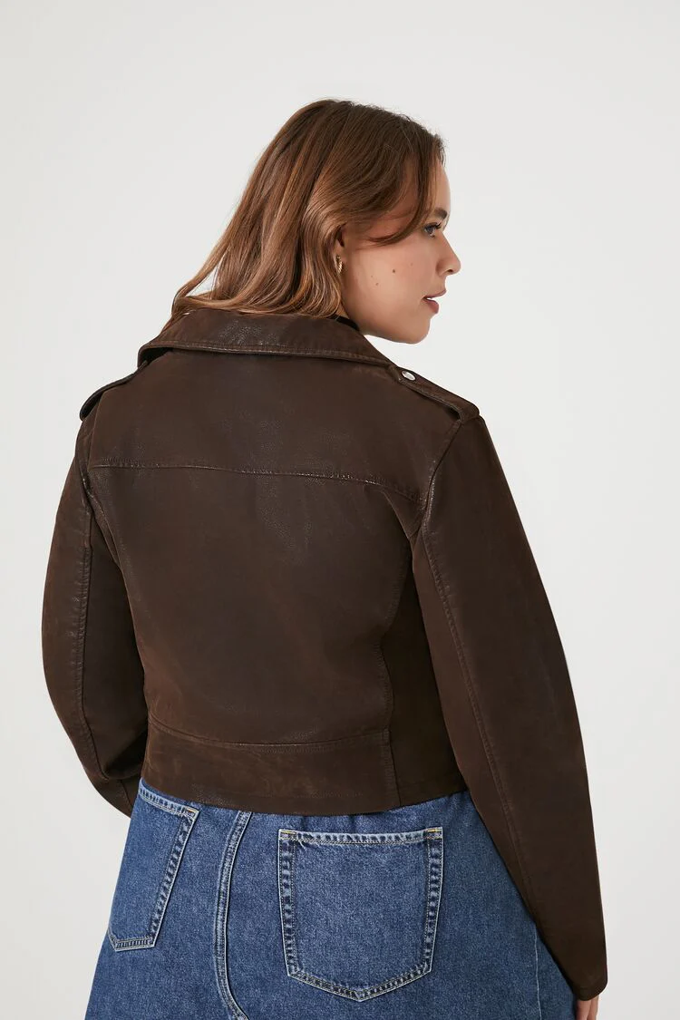 Plus Size Faux Leather Cropped Moto Jacket - Image 3